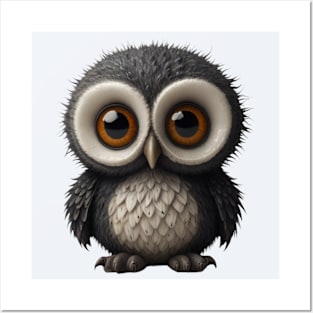 Cute Grey Baby Owl with Big Knowing Eyes Posters and Art